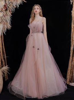 Picture of Pink Tulle with Beadings Spaghetti Strap Long Formal Dresses, Pink Junior Formal Dresses